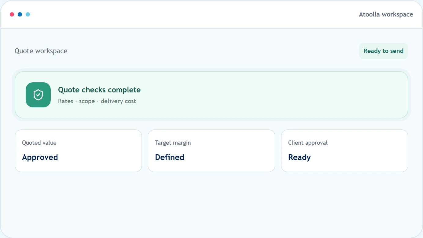 Quote workspace showing completed checks and approval readiness