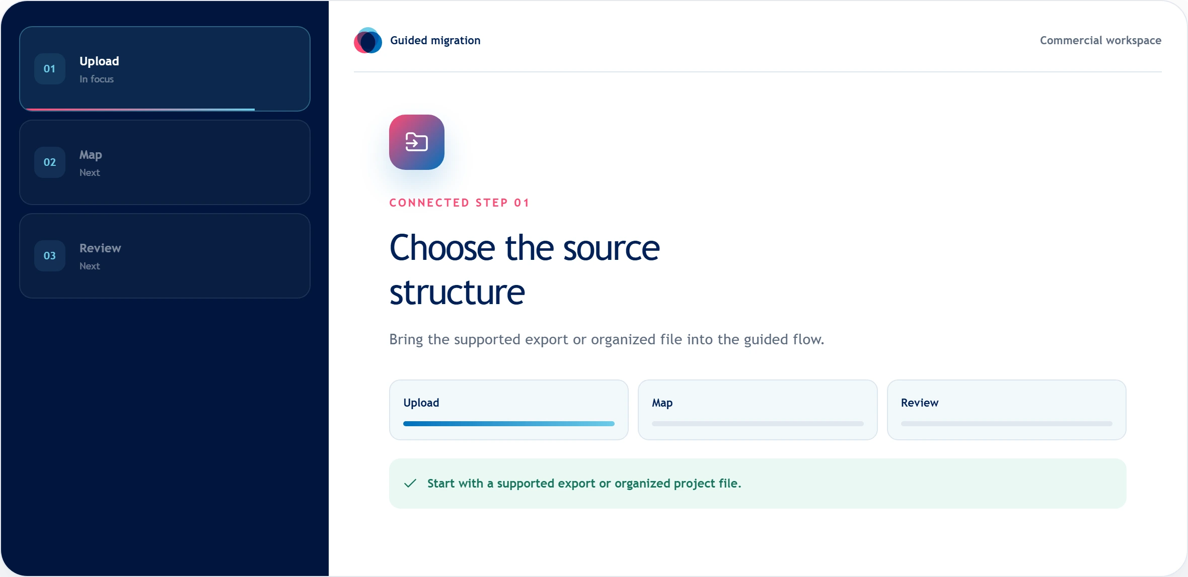 Guided migration workflow showing source structure selection and field mapping