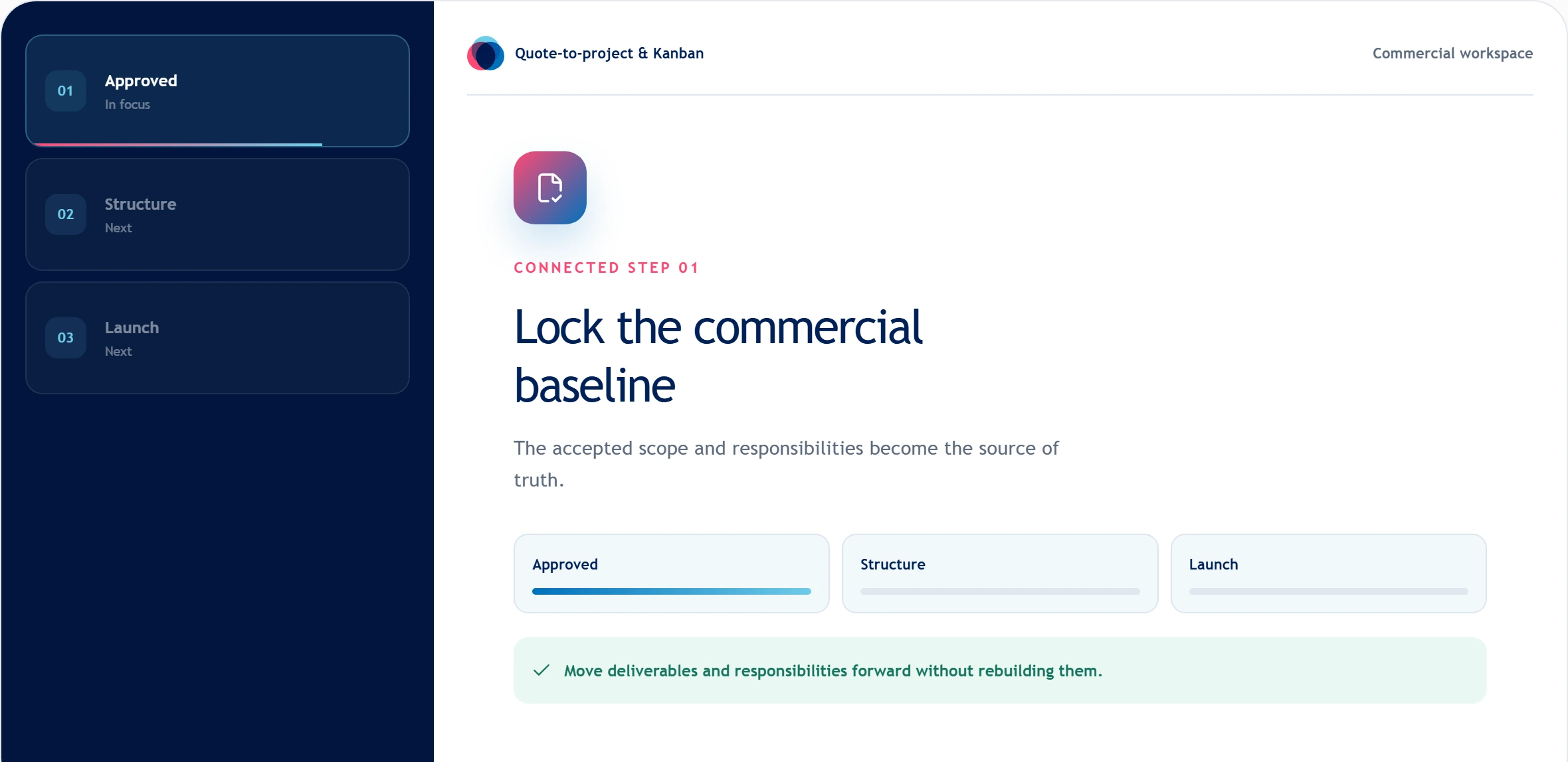 Quote-to-project workflow locking the commercial baseline before delivery