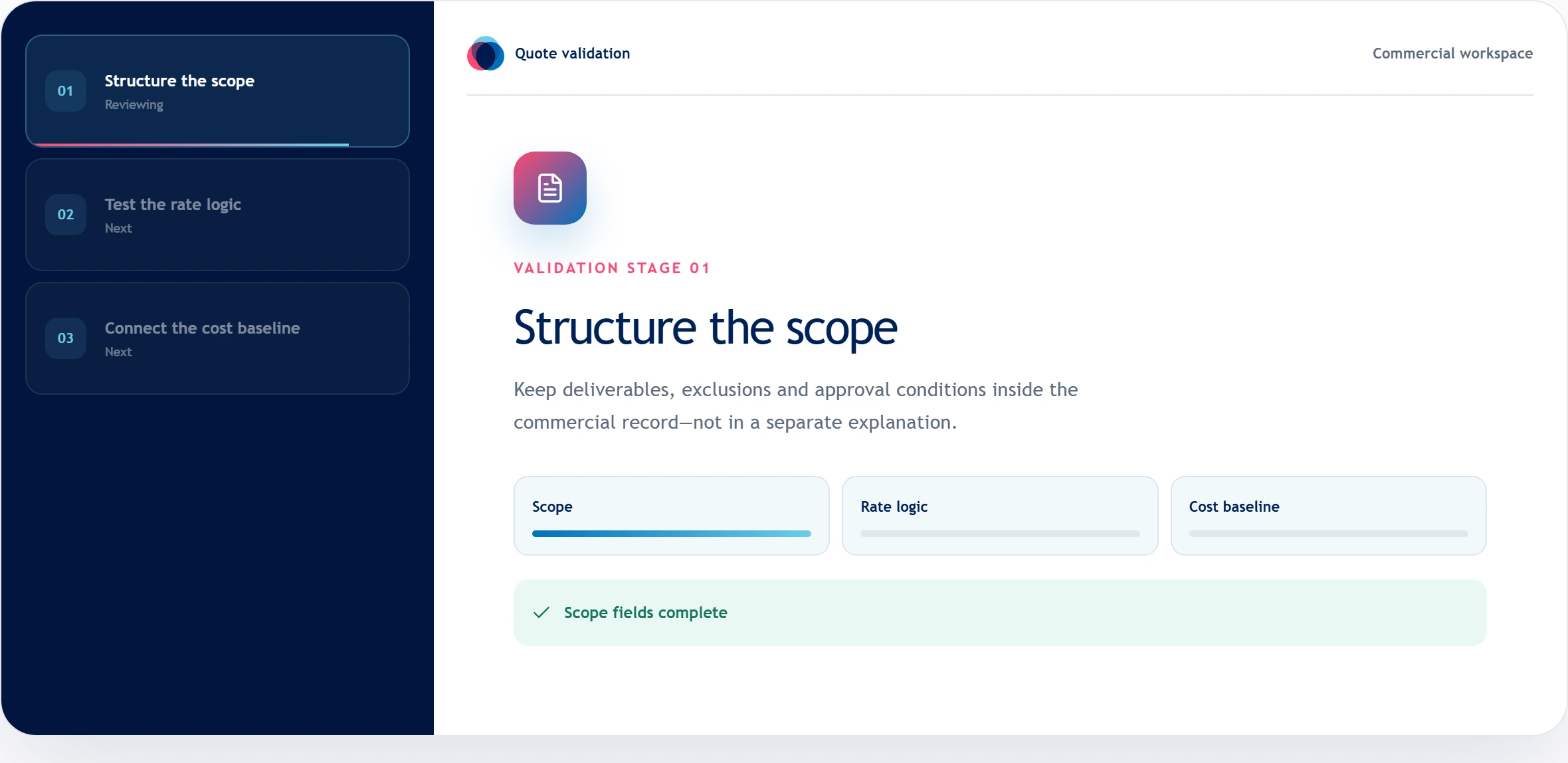 Quote validation workflow structuring scope, rate logic, and cost baseline